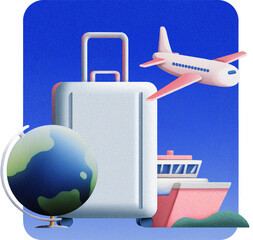 Airplane and ship with globe, Global travel and transportation