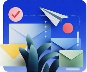 Paper plane flying over envelopes with checkmark icon, Sent message confirmation