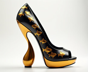futuristic woman footwear, high heel shoe, golden stylized fishes printed on the black upper, golden heel and platform