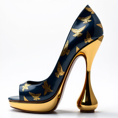 futuristic woman footwear, high heel shoe, golden stylized birds printed on the black upper, golden heel and platform