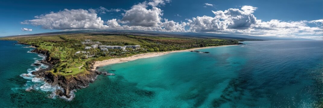 Aerial View of Hapuna Beach State Park: A Stunning Coastal Bay in Hawaii with Vibrant Blue Waters and Scenic Cloudscapes