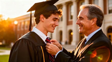 A proud father helps his graduate son with his tie before the university commencement ceremony