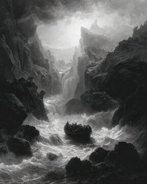 Apostle Paul's Shipwreck: A Dramatic Landscape by Gustave Dore Featuring Black and White Caves, Rocks, and Waterfalls