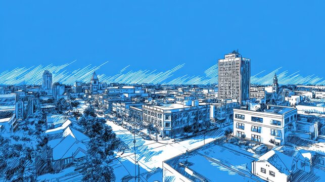 Artistic Aerial Sketch of Fort Wayne Skyline: Architectural Beauty of Indiana's Urban Center