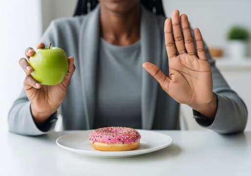 African American woman choosing fresh salad over donuts, banner template for healthy eating decision lifestyle improvement or diabetes awareness concept with copyspace. - Powered by Adobe