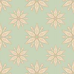 Pastel pattern in oriental style with stylized flowers in the form of six-pointed stars, decorated with circles and spirals, surrounded by buds, on soft pastel background.