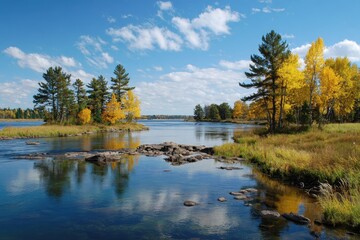 Fototapeta premium Autumn Serenity: The Peaceful Mississippi River Near Lake Itasca, Minnesota