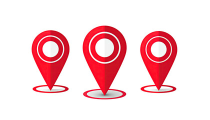 Three red location pins with white circles, dark background