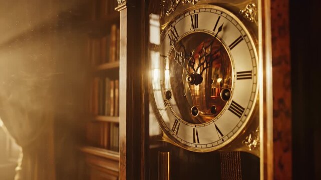 A close-up of an antique, ornate grandfather clock with a roman numeral dial, bookshelf in the blurred background