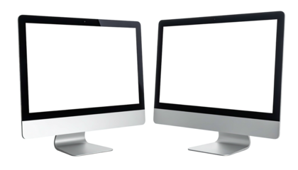 Two silver desktop computers with black screens on a white backdrop
