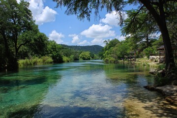 Fototapeta premium Barton Springs: Scenic Oasis in Austin, Texas with Crystal Clear Waters and Lush Green Surroundings