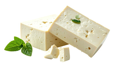 Cubed tofu with basil leaves on a dark surface