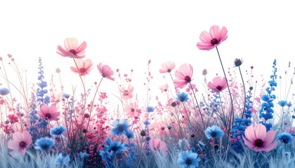 Watercolor meadow with pink and blue wildflowers against black
