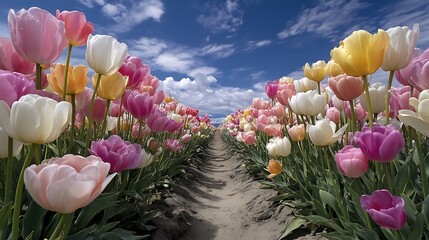 centered path leads through a blooming garden of pastel tulips, drawing the eye towards the horizon where it meets a brilliant blue sky. Rows of tulips in shades of cream, pale yellow, and blush 