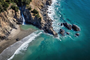 Bird's Eye View of Stinson Beach: Serene Waters, Cascading Waterfalls, and Lush Natural Landscapes