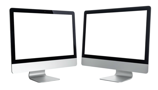 Two silver desktop computers with black screens on a white backdrop