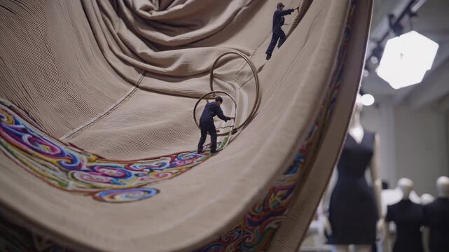 Professional workers hang a large embroidered tapestry with colorful, intricate designs in a fashion atelier, showcasing the craftsmanship and artistry of textile work