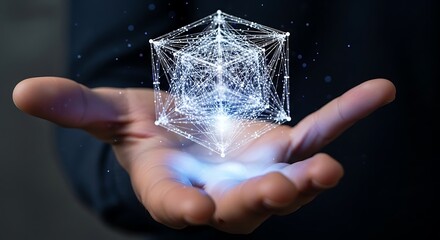 Hand holding glowing data structure cube