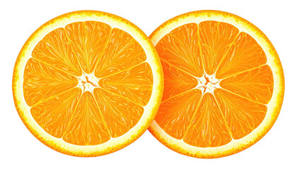 Two vibrant orange slices, revealing juicy pulp against black