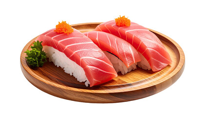 Tuna sushi on wooden plate, topped with roe and parsley