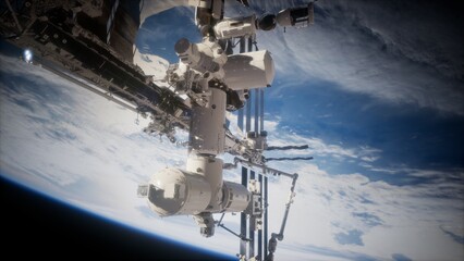 Floating high above Earth, the bustling International Space Station showcases advanced technology and design. Bright blue oceans and clouds surround this unique human outpost in orbit. © icetray