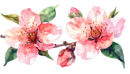 Watercolor peach blossoms, branch and buds, on black background