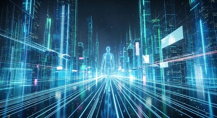 Holographic Human In Digital Cityscape