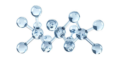 Clear sphere molecular structure on black, connected by thin rods