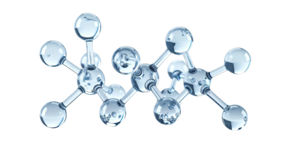 Clear sphere molecular structure on black, connected by thin rods