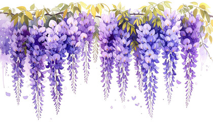 Cascading violet wisteria blossoms with leaves on a trailing vine