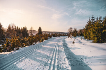 Bright winter day in Jizerka Village reveals cross-country skiing tracks. Snow-covered landscape...