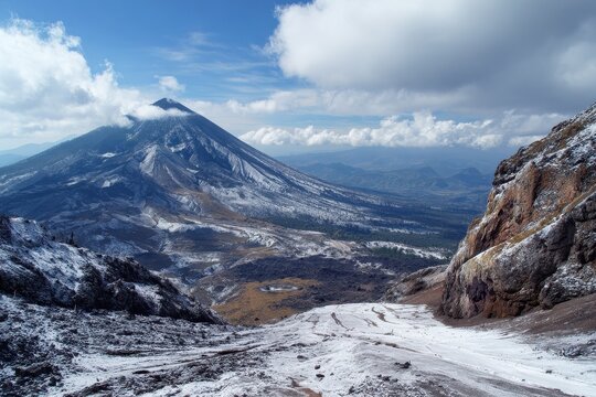 Breathtaking Perspective of Paricutin Volcano in Michoacan, Mexico: A Majestic Crater Landscape Surrounded by Snow-Capped Peaks and Clear Blue Sky