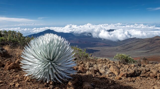 Breathtaking Silversword at Haleakala Summit: A Unique Fusion of Desert Landscape and Lush Nature Beneath a Vast Blue Sky