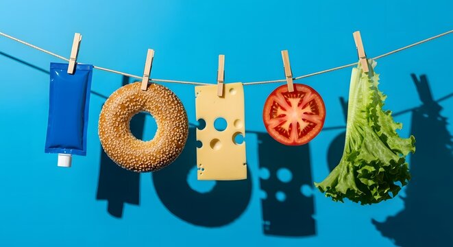 Creative food items hanging on a clothesline against a vibrant blue background