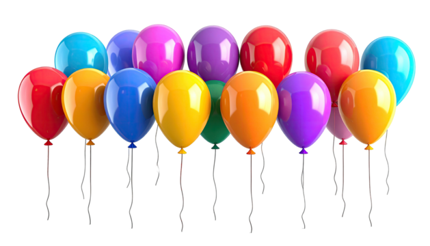 Colorful, glossy balloons in a group, floating against black