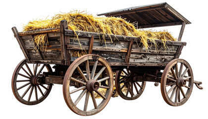 Rustic wooden wagon brimming with golden hay, aged texture