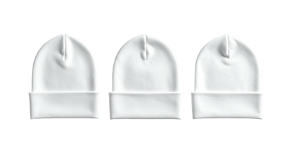 Three white beanies, identically folded. Isolated