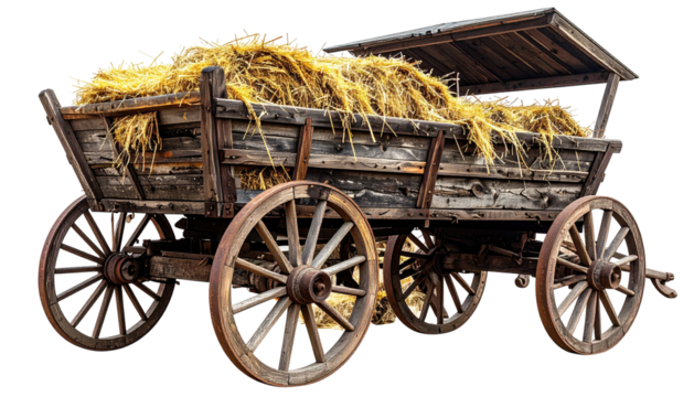 Rustic wooden wagon brimming with golden hay, aged texture