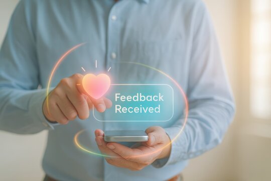 User engaging with feedback interface on smartphone home office digital interaction bright environment close-up view technology and communication - Powered by Adobe