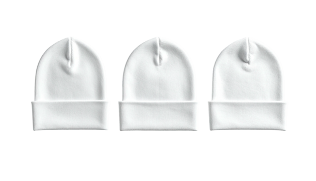 Three white beanies, identically folded. Isolated