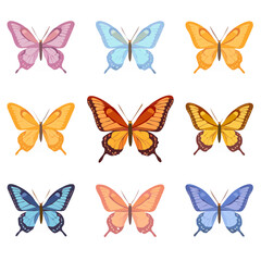 Collection of nine colorful illustrated butterflies with various wing patterns.