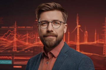 Innovative energy analyst showcasing renewable power solutions against an immersive data visualization backdrop highlighting wind turbines and analytics potential in modern business strategies