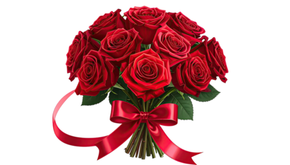 Lush bouquet of crimson roses tied with a matching red ribbon