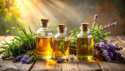 Bottles of natural oils and bundles of herbs, skincare products placed on a wood textured background