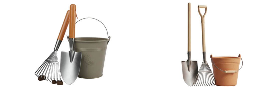 Still life featuring gardening tools including rakes shovels and buckets in a studio setting on transparent background