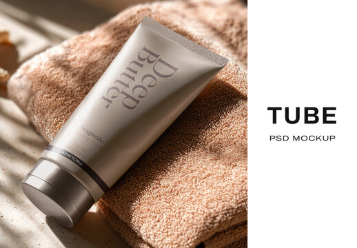 Cosmetic Tube On Towel Mockup Psd 