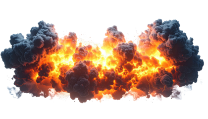 Fiery orange explosion and grey billowing smoke on black