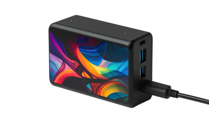 Black charging block w/ colorful swirl art on side