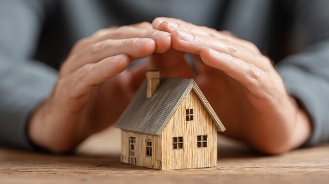Hand shielding a wooden house model to symbolize home insurance, disaster protection, safety, and post-sale care service.