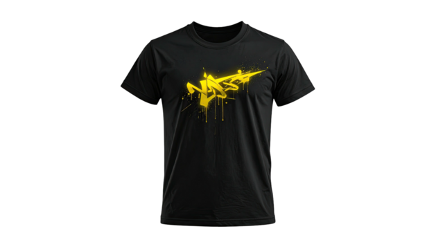 Black t-shirt with bright yellow abstract dripping paint